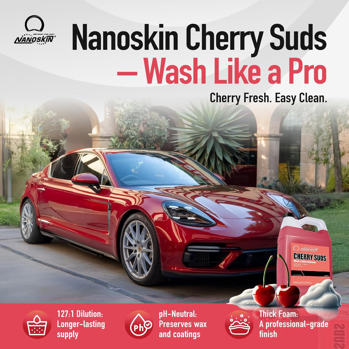 Nanoskin CHERRY SUDS Foaming Car Wash Shampoo 1 Gallon - Works with Foam Cannon, Foam Gun, Bucket Washes, Car Soap for Pressure Washer | Safe for Cars Trucks, Motorcycles, RVs & More | Cherry Scented