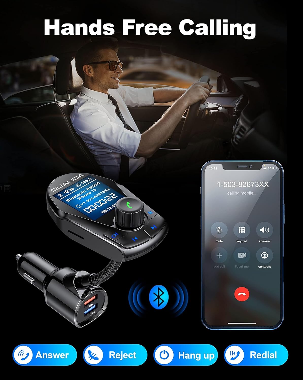 Bluetooth FM Transmitter (Upgraded Version) in-Car Wireless Radio Adapter Kit W 1.8" Color Display Hands-Free Call Fast Charging 18W and Smart 2.4A Dual USB Ports, TF Card MP3 Player