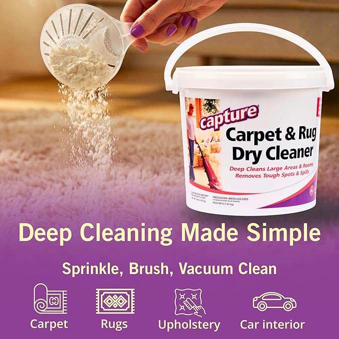 Capture Carpet & Rug Dry Cleaner w/Resealable lid - Home, Car, Dogs & Cats Pet Carpet Cleaner Solution - Strength Odor Eliminator, Stains Spot Remover, Non Liquid & No Harsh Chemical (4 Pound)