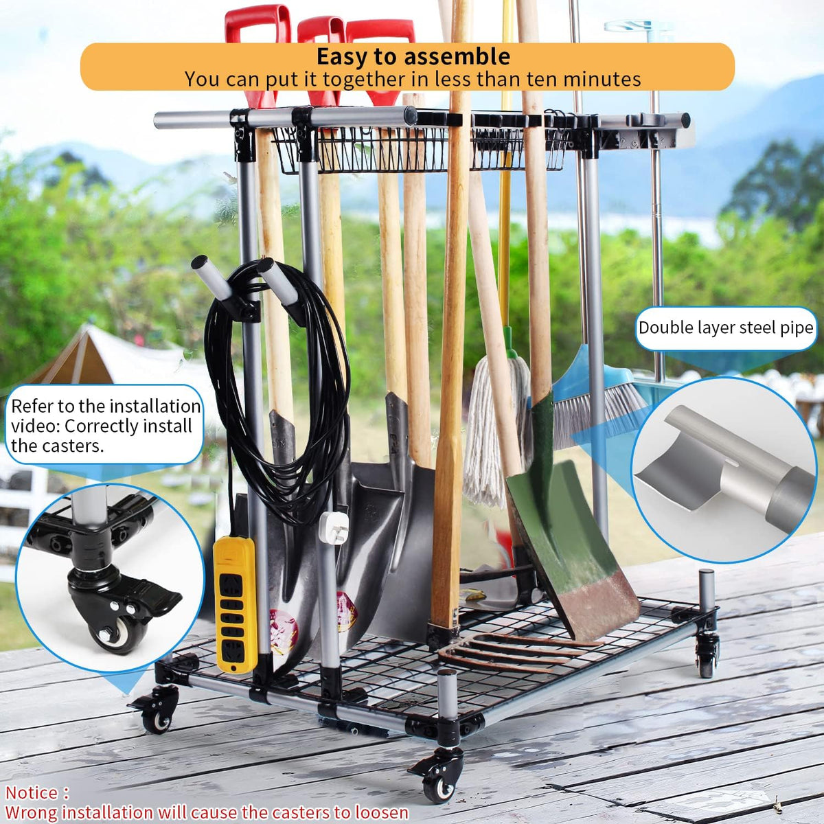 Mobile garden tool organizer metal Garage Storage Holder storage large long lawn tools heavy duty tool rack sturdy yard cart