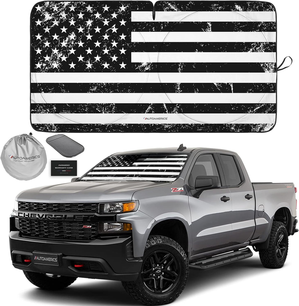 Autoamerics 1-Piece Windshield Sun Shade Grunge B&W American Flag USA Design - Foldable Car Front Window Sunshade for Most Sedans SUV Truck - Blocks Max UV Rays and Keeps Your Vehicle Cool - Large