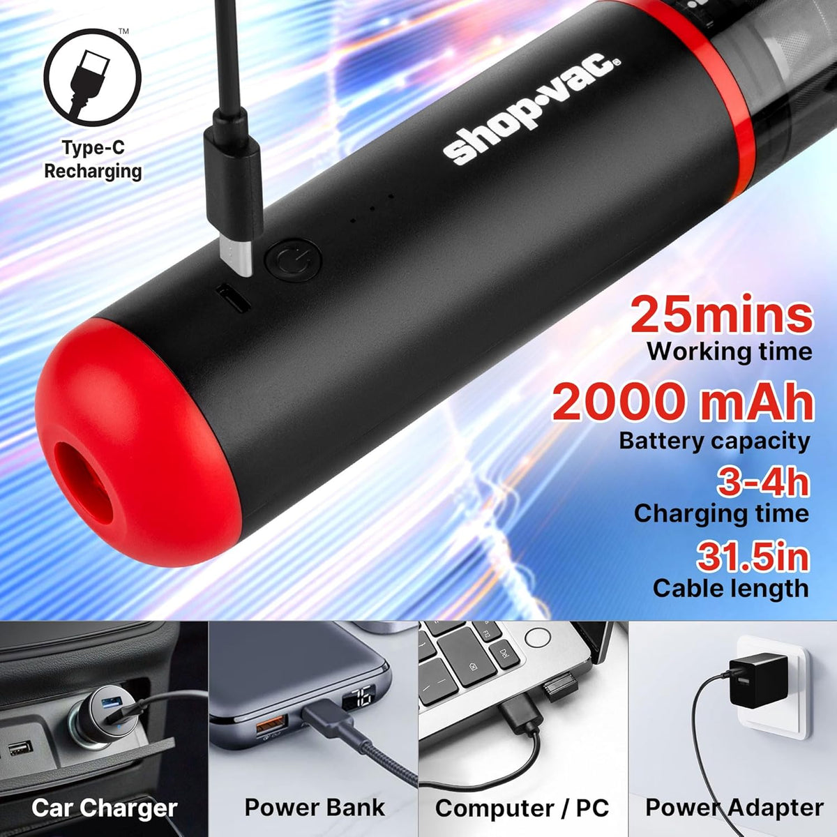 Shop-Vac Car Vacuum Cordless, 14000Pa 2-in-1 Blow/Suction Portable Air Duster, Mini Car Vacuum, Handheld & Lightweight with 6 Nozzles, Type-C Rechargeable for Auto/Home/Office