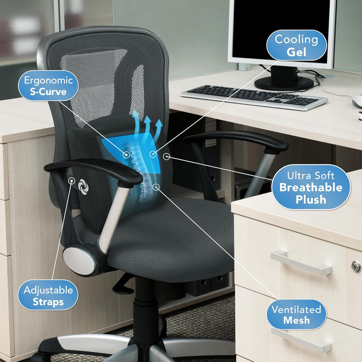 SAMSONITE, cooling gel, lumbar support pillow for office chair or car seat - boost your lower back comfort zone, high grade - memory foam, universal chair cushion, breathable mesh, washable cover