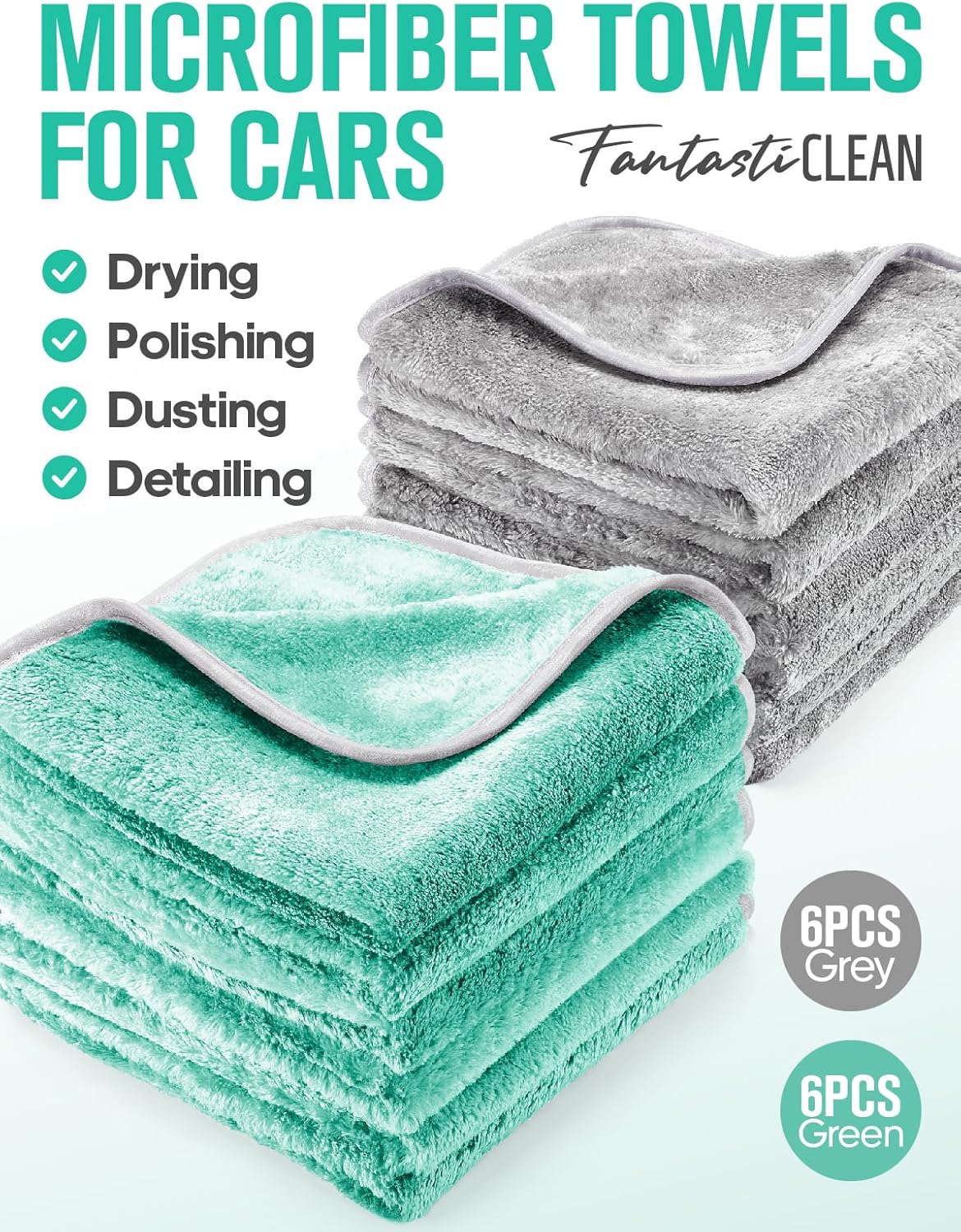 Fantasticlean Microfiber Car Detailing Towels, Car Drying Towel with Edge, Plush, Coral Fleece, 700GSM, 16" x 16", 12 Pack, Scratch-Free, Ultra Absorbent, Car RV Boat Home Cleaning (Grey and Green)