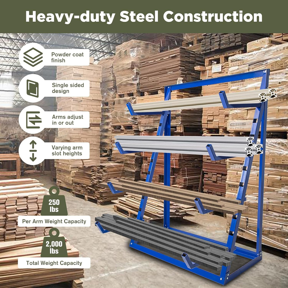 4 Tier Steel Horizontal Storage Rack, Heavy Duty Free Standing Bar Storage Cantilever Rack, Adjustable Pipe Storage Rack,4-Level Wood Lumber Shelf Organizer for Garage Workshop Shed, 2000 lbs Capacity
