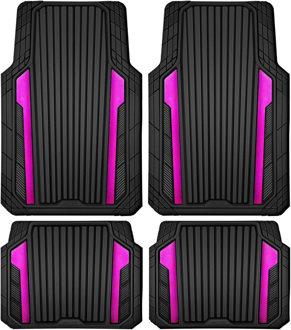 CAR PASS Heavy Duty Rubber Car Mats Metallic, Aluminum Film All Weather Floor Mats Waterproof Universal Trim to Fit for SUV Sedan Van 4 Piece Anodized Deep Dish Two-Tone Sporty Black Hot Pink Chrome