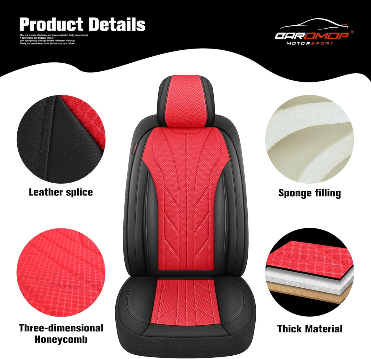 CAROMOP Luxury Faux Leather&Fabric Car Seat Covers Full Set with Breathable 3D Foam Back Support,Universal Comfortable Seat Covers for Cars,Trucks,SUVs, Front Armrests Compatible(5-Seat Black/Red)