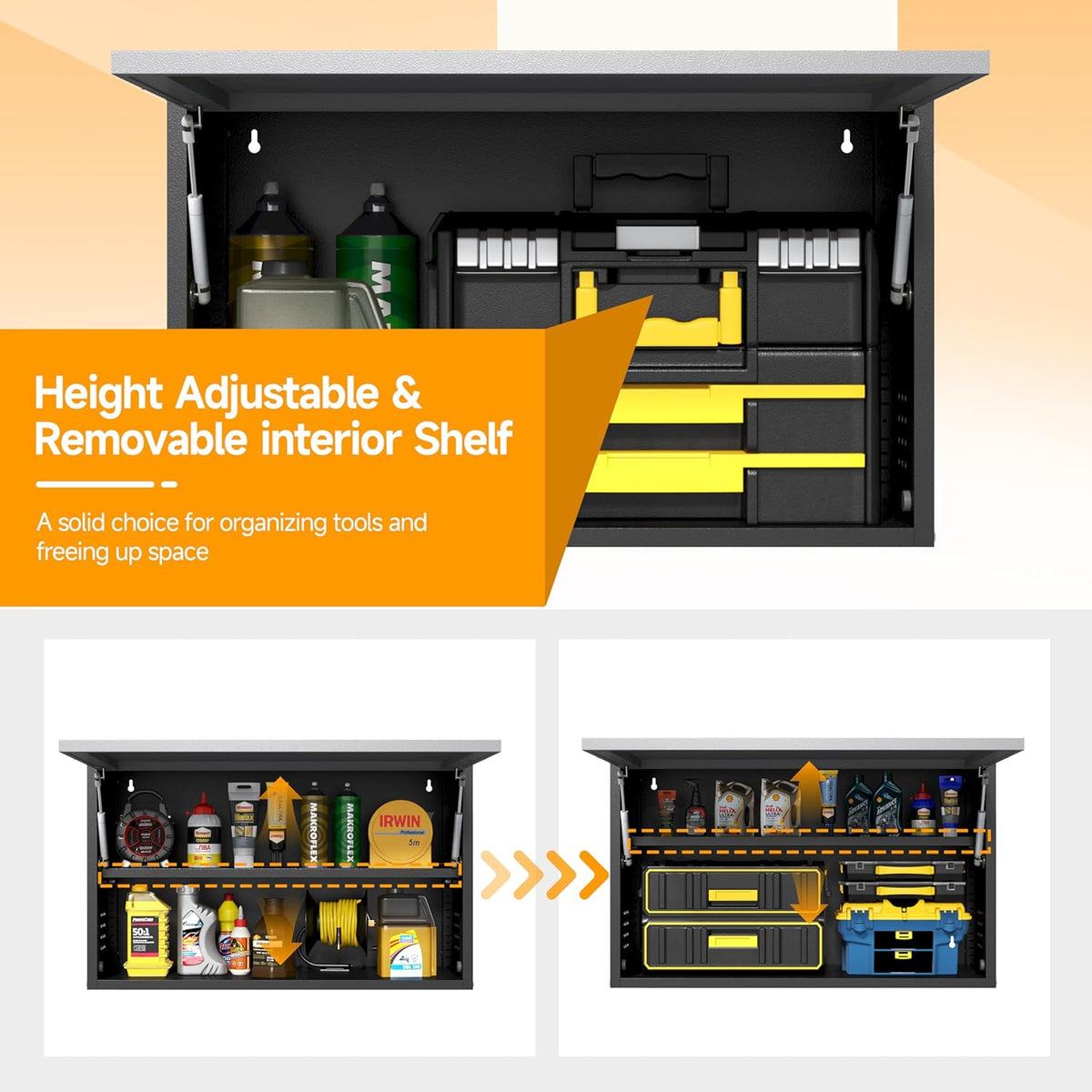 Metal Wall Cabinet with Adjustable Shelves, Doors - Floating Tool Storage for Garage/Warehouse - Black/Gray