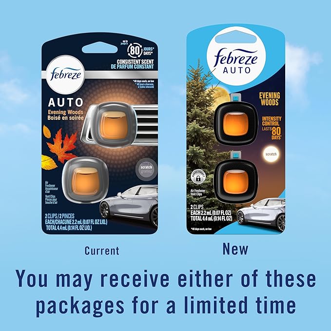 Febreze AUTO Air Freshener, Odor-Fighting Automotive Vent Clip, Evening Woods Scent, 8 Count