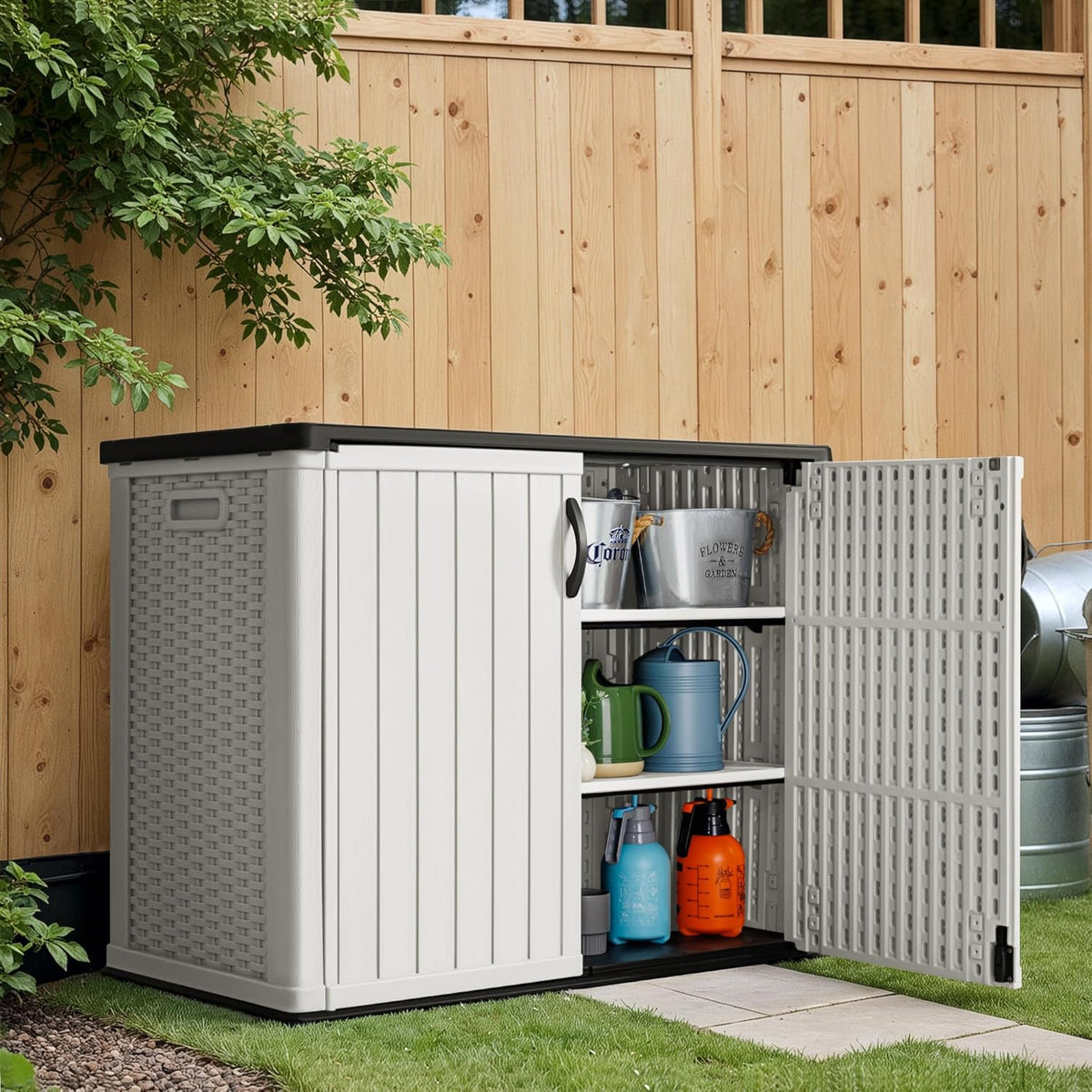 Greesum Shelf of Outdoor Horizontal 27 ft Storage Sheds, for Waterproof and UV Protection 150 Gallon Deck Box, 2 Shelves (Without Shed), White