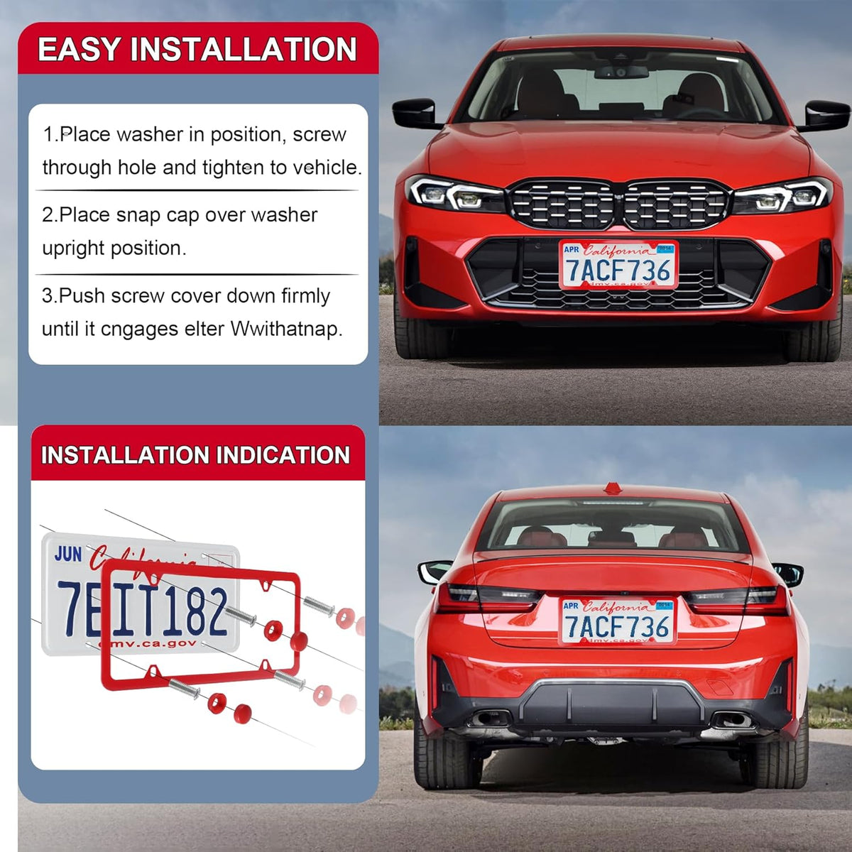 LivTee 4 Holes Stainless Steel License Plate Frames, 2 PCS Car Licence Plate Covers, Automotive Exterior Accessories Slim Design with Bolts Washer Caps for US Vehicles, Red