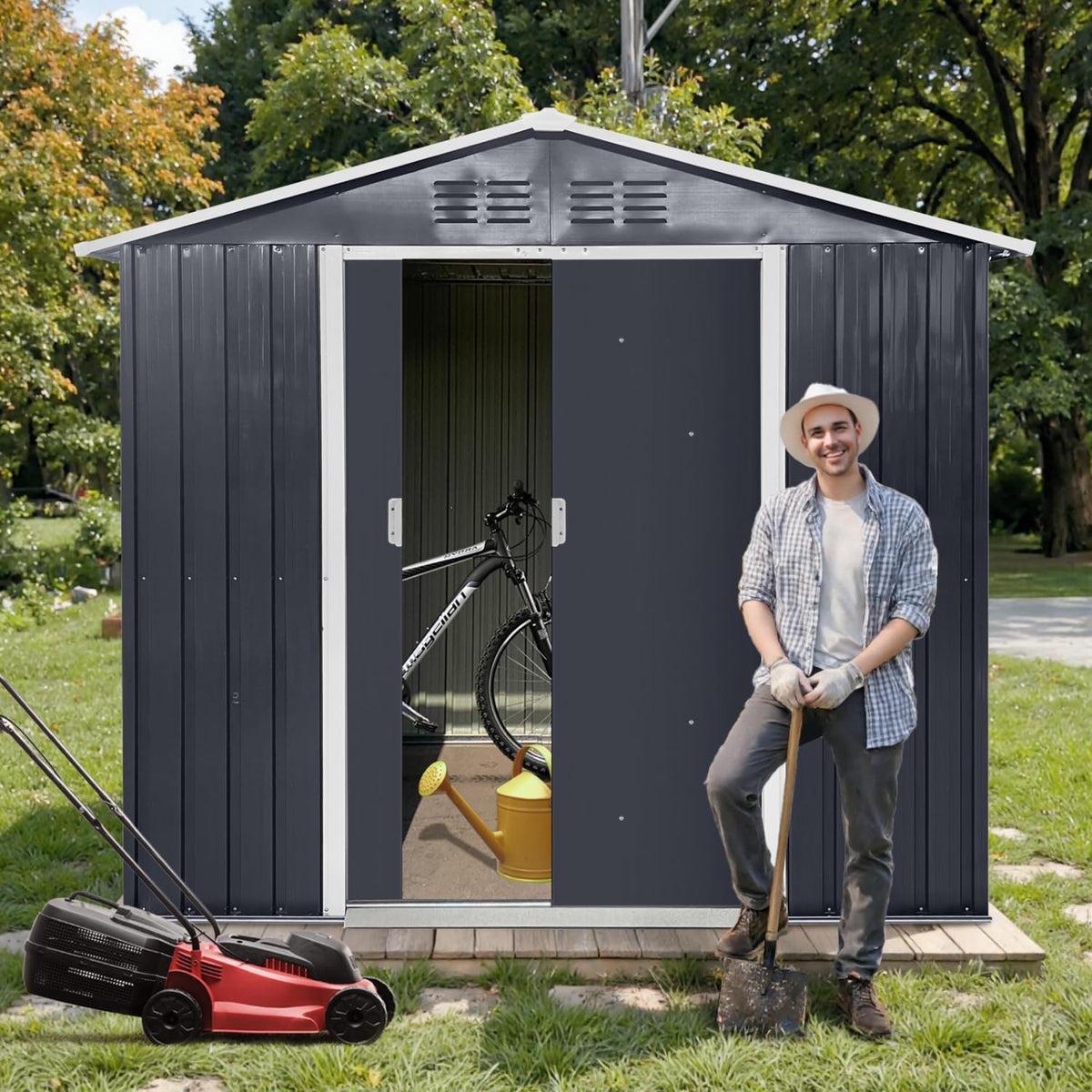 7' x 4.3' Outdoor Storage Shed, Sturdy Metal Building w/Windows & Lockable Doors for Garden, Backyard, Poolside and Lawn, Anthracite
