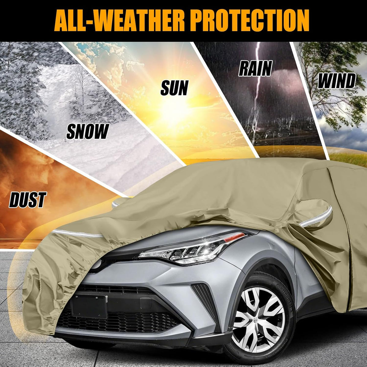 Waterproof Car Covers Replace for 2018-2025 Toyota C-HR, Multilayer Heavy Duty with Cotton Liner All Weather Car Cover with Zipper Door, Windproof Bands for Snow Rain Dust Protection