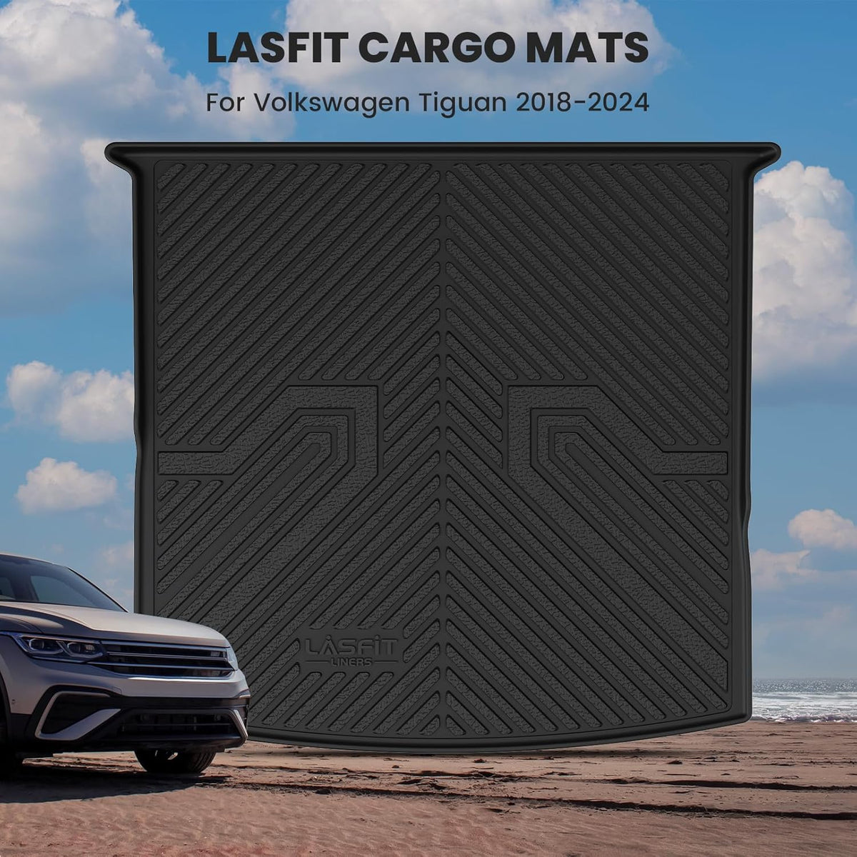 LASFIT Cargo Mat for Volkswagen Tiguan 2018-2024（Fit 5 Seats Not Fit 7 Seats）, Custom Fit All-Weather TPE Rubber Trunk Mat for VW Accessories, Waterproof, Easy to Clean, Black