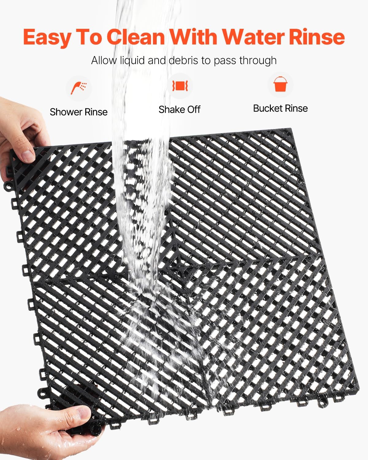 VEVOR Interlocking Drainage Mat, 15.7” x 15.7” Modular Interlocking Cushion, 24 Pcs Splicing Drainage Mats, Non-Slip Black PP Drainage Floor Tile and Shower Mat, for Garage, Garden, Kitchen & Outdoor