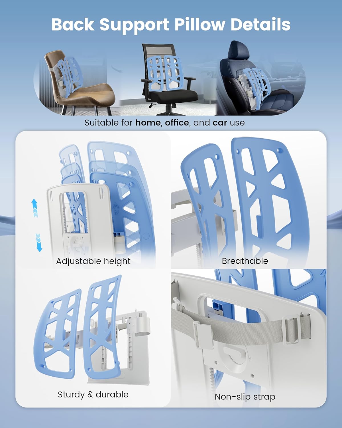 Back Support for Office Chair - Ergonomic Lumbar Support Pillow for Car, Adjustable Height, Improves Posture, Back Cushion with Straps for Home, Office, Car Seat