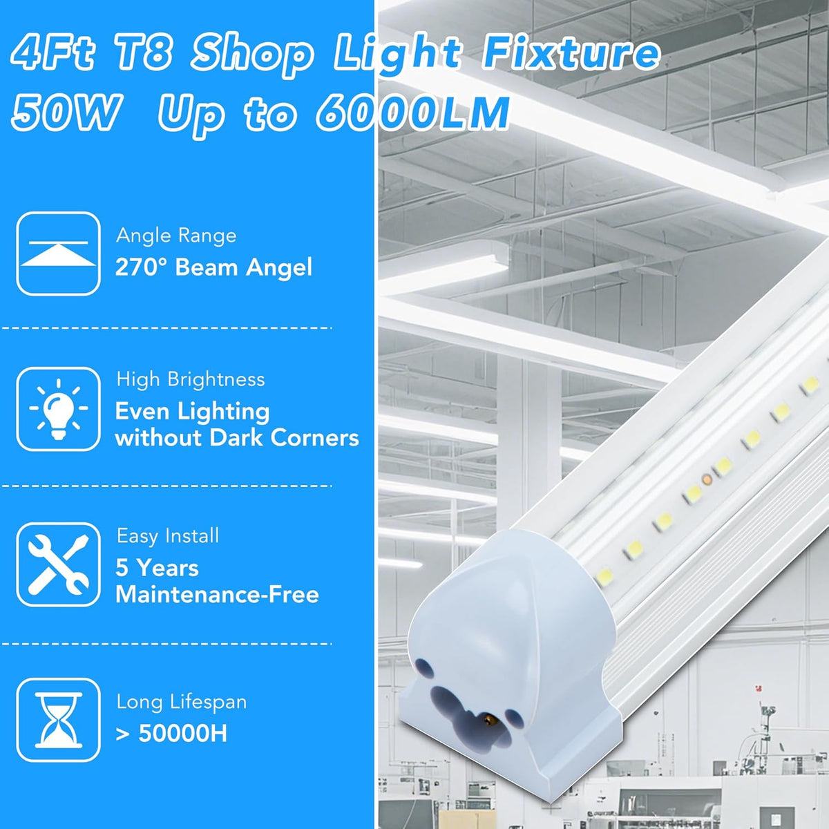 T8 LED Shop Lights 4FT, 4 Pack LED Garage Lights 50W 9600LM 6000K, Linkable Work Light, Plug & Play Energy-Saving Workshop Lighting for Warehouse Basement Classroom(V2)