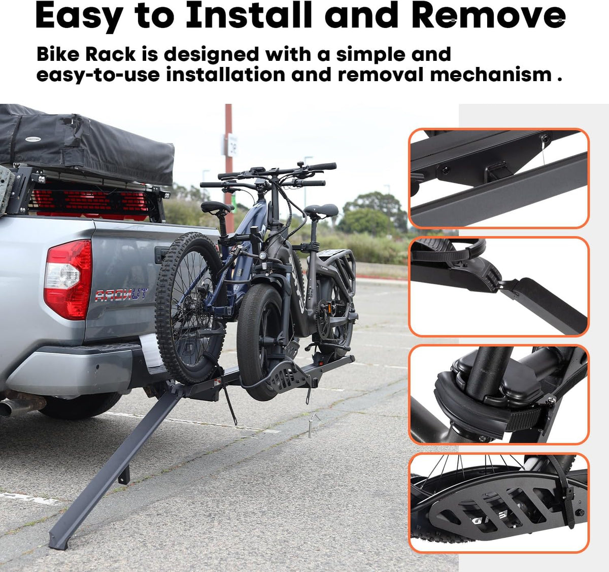 EBike Rack with Ramp, 200 lbs Capacity Heavy Bike Rack Electric Bike Carrier for 2 E-Bike, Foldable Bike Racks for Tow Hitch Up to 5-inch Fat Tire 2'' Receiver