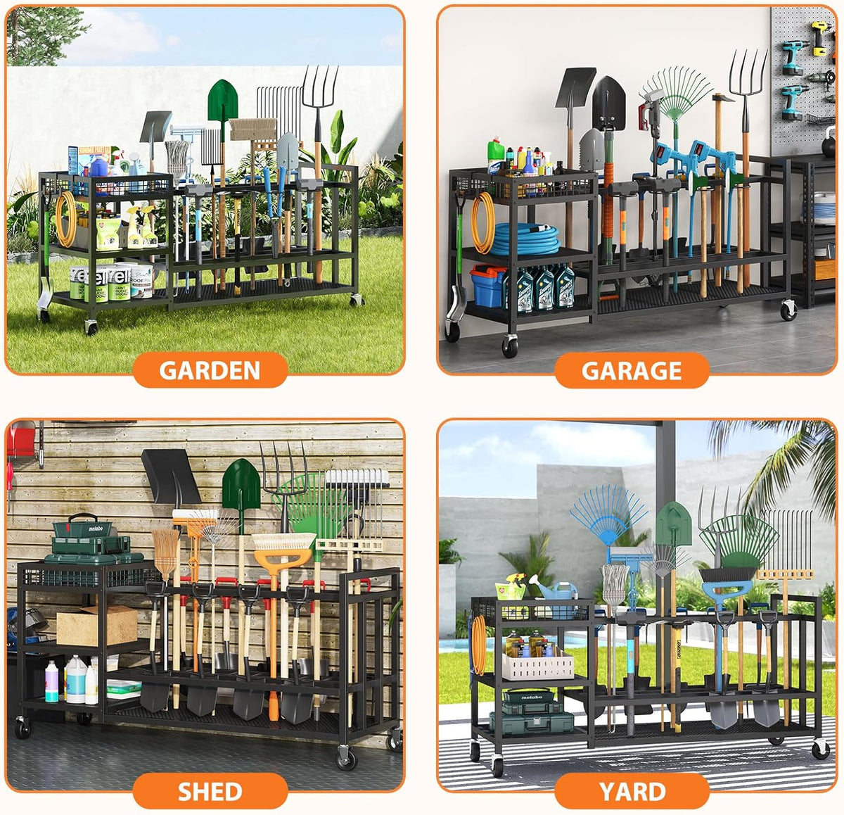 Garden Tool Organizer with Wheels-Movable Garden Tool Rack with Storage Hooks for Long-Handled Tools/Rakes/Brooms/Shovels,Heavy Duty Metal Garden Tool Storage for Garage,Shed,Garden,Black