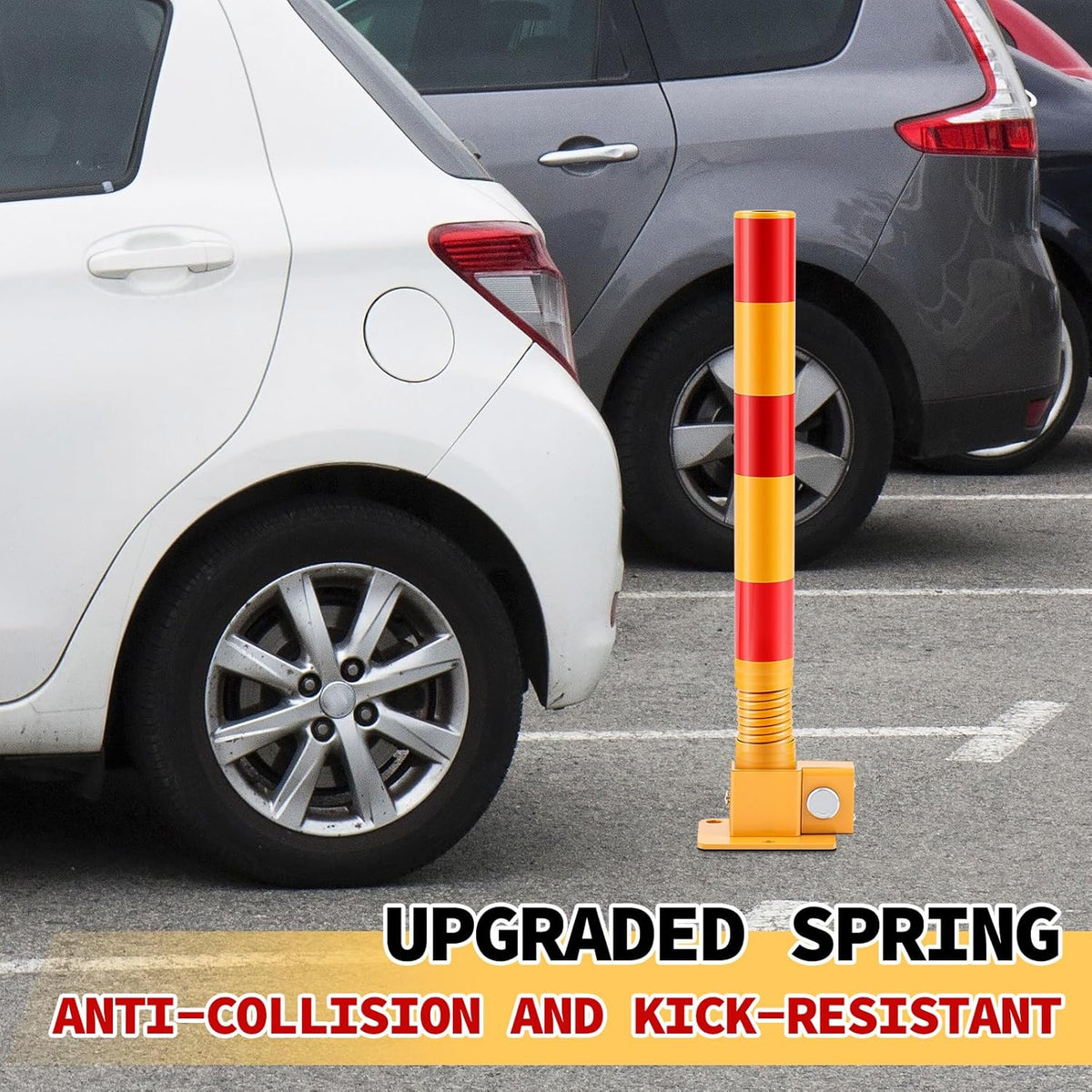 Zonon 2 Pcs Spring Parking Post Folding Heavy Metal Parking Barrier Lock Obstacle Pile with Warning Stripes Interceptor Bollard for Traffic-Sensitive Area Garage