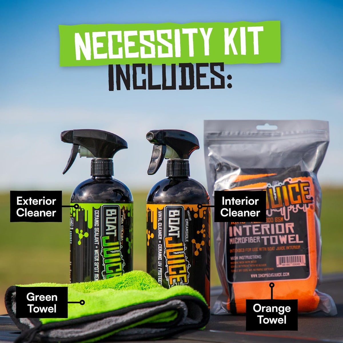 Boat Juice Necessity Boat Cleaner Kit | Exterior Water Spot Remover, Interior Seat & Vinyl Cleaner, 2 Microfiber Towels | Boat Cleaning & Detailing Kit, Marine Accessories | Made in USA (Kit)