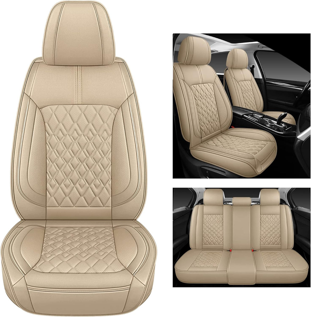 Pariitadin Leather Car Seat Covers Full Set, Waterproof Breathable Faux Leather Automotive Seat Covers for Cars, Non-Slip Car Interior Covers Universal Fit Most Cars Sedans Trucks SUVs, Beige