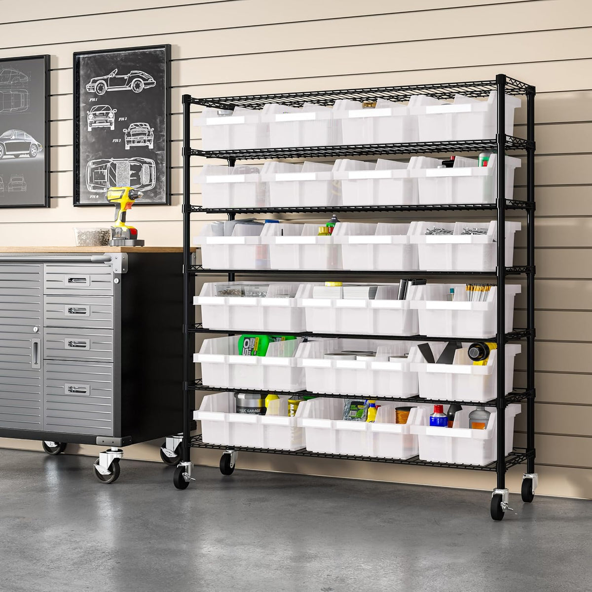 Seville Classics Heavy Duty NSF Bin Rack Solid Steel Wire Shelving Storage Unit, Patented Organizer for Garage, Warehouse, Office, Restaurant, Classroom, Kitchen, Translucent, Includes 21 Bins