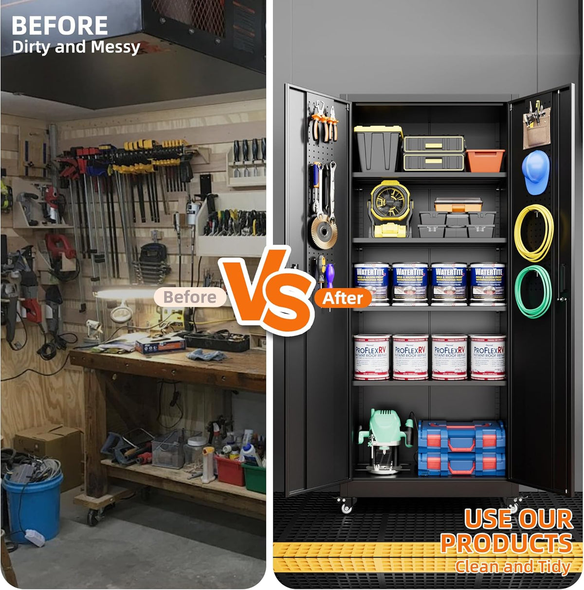 Garage Storage Cabinet with with Pegboard and Wheels,73" Metal Lockable File Cabinet with 2 Doors and 4 Adjustable Shelves,Tool Storage,Home Office Garage,Gym,School (Black)