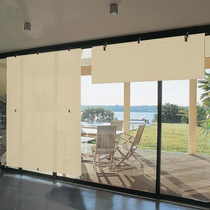 Bynbbur 4'W x 11.5'H Outdoor Patio Shades Foldable Roller Blinds, 220 GSM Sun Shade Roll Up Porch Screens Exterior Shade Cloth for Deck Pergola Backyard, Beige