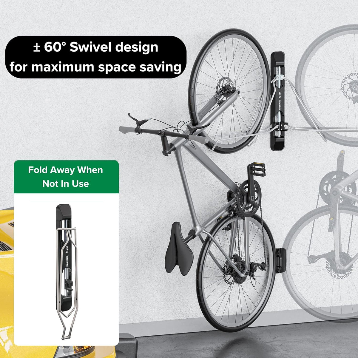 Bicycle Rack for Garage and Indoor Use, Adjustable, Foldable Bike Rack Set of 2 - Wall Mount for Road, Hybrid, Small Mountain, BMX Bikes - Secure and Space Saving Bike Storage (2 Pack)