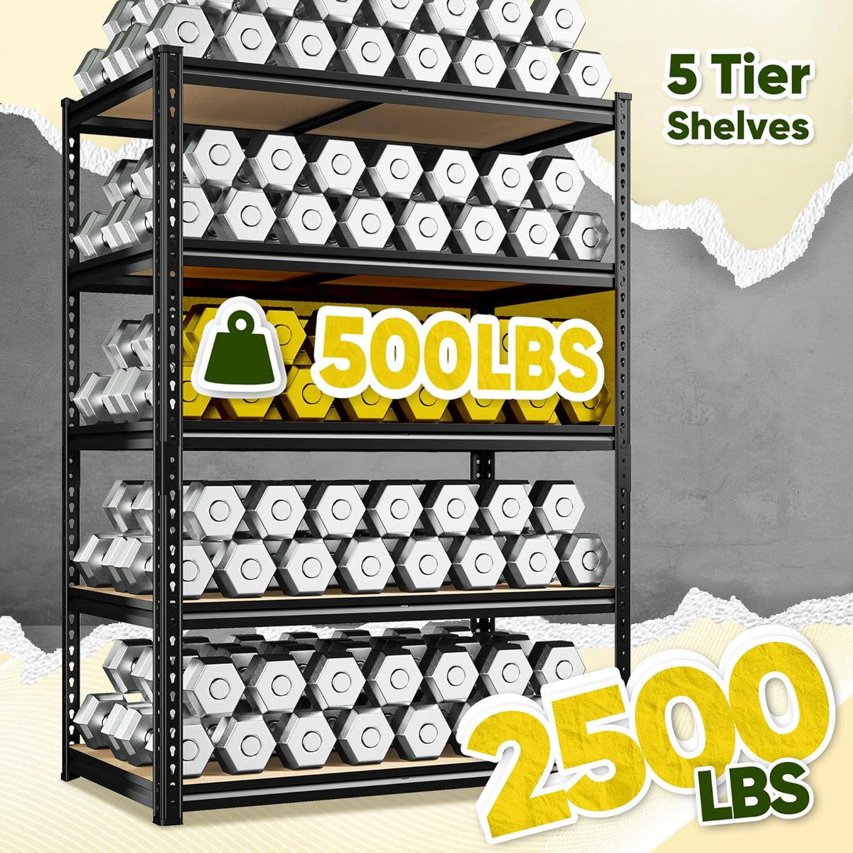 72" H Garage Shelving, 5 Tier Storage Shelves Load 2500 lbs, Adjustable Garage Shelves, Metal Shelving Unit for Warehouse, Basement, Pantry, 40" Wx 16" D x 72" H, Black