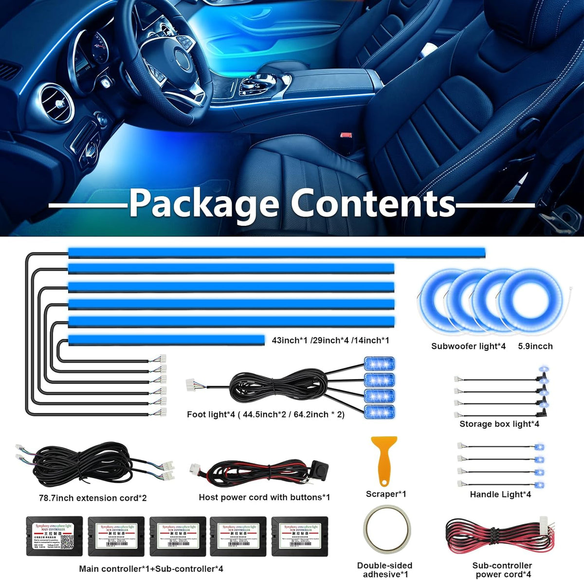 WEBUPAR RGBW Acrylic Car Interior Led Kit, Car Accessories 22 in 1 Car Ambient Lighting Kits with APP Control and 213 Color Modes, Multicolor RGBW Neon Car LED Strip Lights with Music Mode