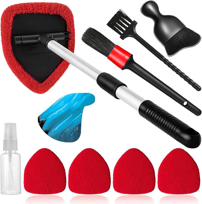 Qydipclin 10pcs Windshield Cleaner Tool, Car Window Cleaning Wash Kit with 4 Reusable Microfiber Pads 1 Spray Bottle and Extendable Handle Auto Glass Wiper Kit, Red