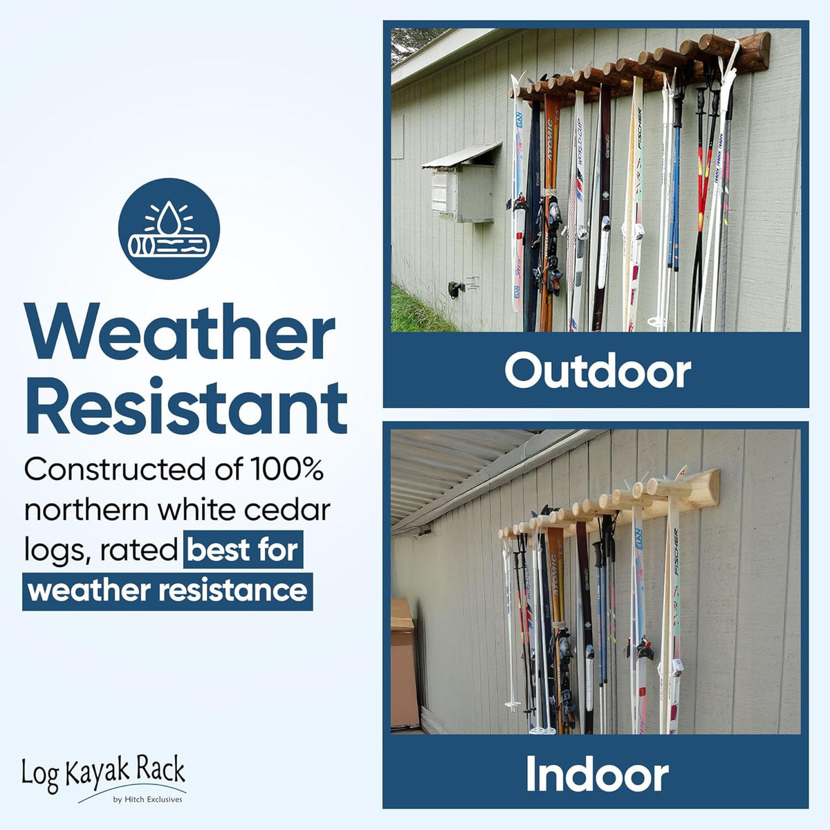 14-Place Log Ski Rack Wall Mount, Indoor Ski Storage Rack for Garage Organizers, Wooden Skis Wall Mount Storage Racks, Pole Skis Sports Racks, Garage Organization Walls - Unfinished