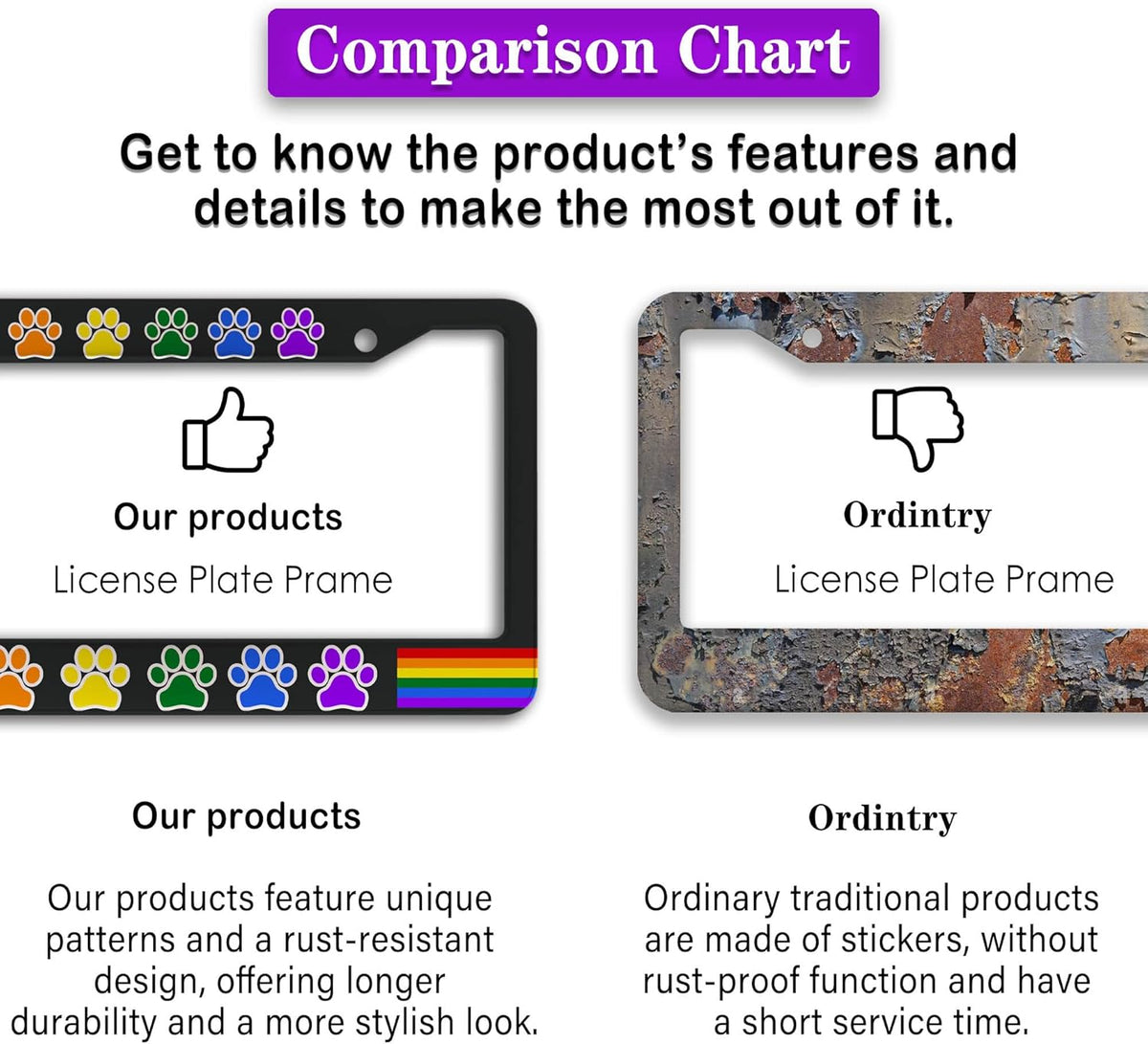 License Plate Frames for Women Multicolor License Plate Holder for Men Gay Rainbow Paw Universal Aluminum Car Accessory 2 Pack with Screw Covers Set
