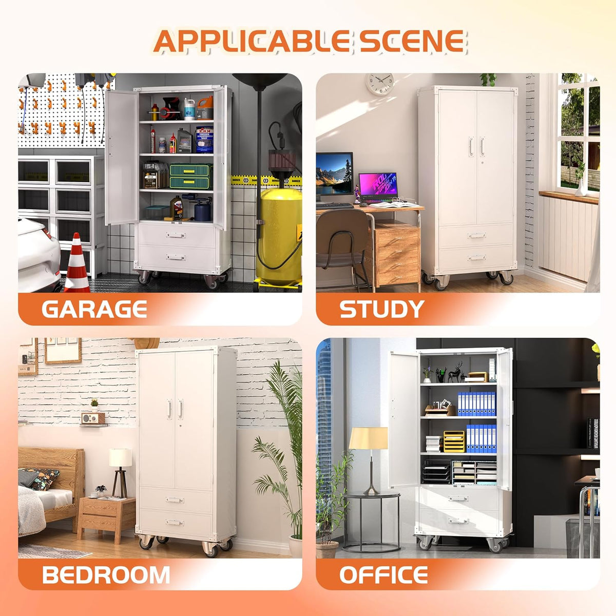Rolling Storage Cabinet with 2 Doors and 2 Drawers, Heavy Duty Metal Storage Cabinet with Shelves, Locking Steel Cabinet for Warehouse, Home, Office (White)