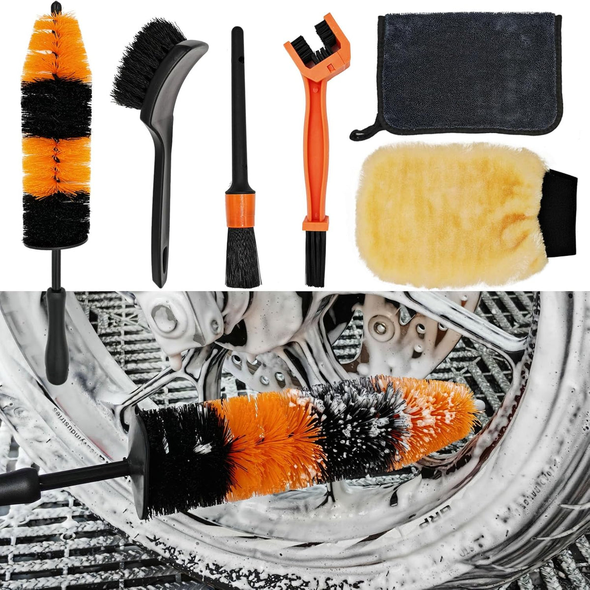 Motorcycle Cleaning Brush Kit 6 Pack with Easy Reach Brush,Wool Wash Mitt,Detailing Brush,Tire Brush,Chain Brush and Microfiber Towel for Cleaning Motorcycle Mudguard, Rims, Paint, Exhaust