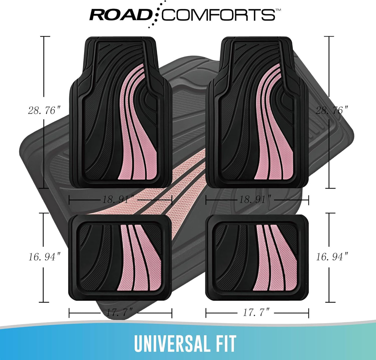 Road Comforts Car Floor Mats Full Set – Front & Rear Car Floor Mats with Aluminum Design, Anti-Slip Backing, All-Weather Protection, Trim-to-Fit Car Mats for Most Sedans, SUVs & Vans - Pink