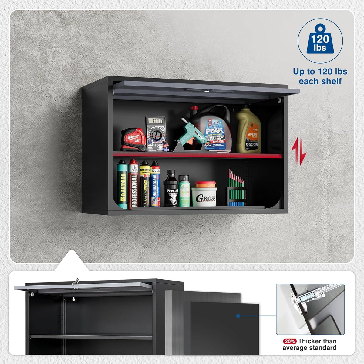 Metal Storage Cabinet Black&Gray Wall Cabinets with Shelf and Locking Door - Wall Mounted Storage Cabinet for Garage Warehouse Home Office - Assembly Required