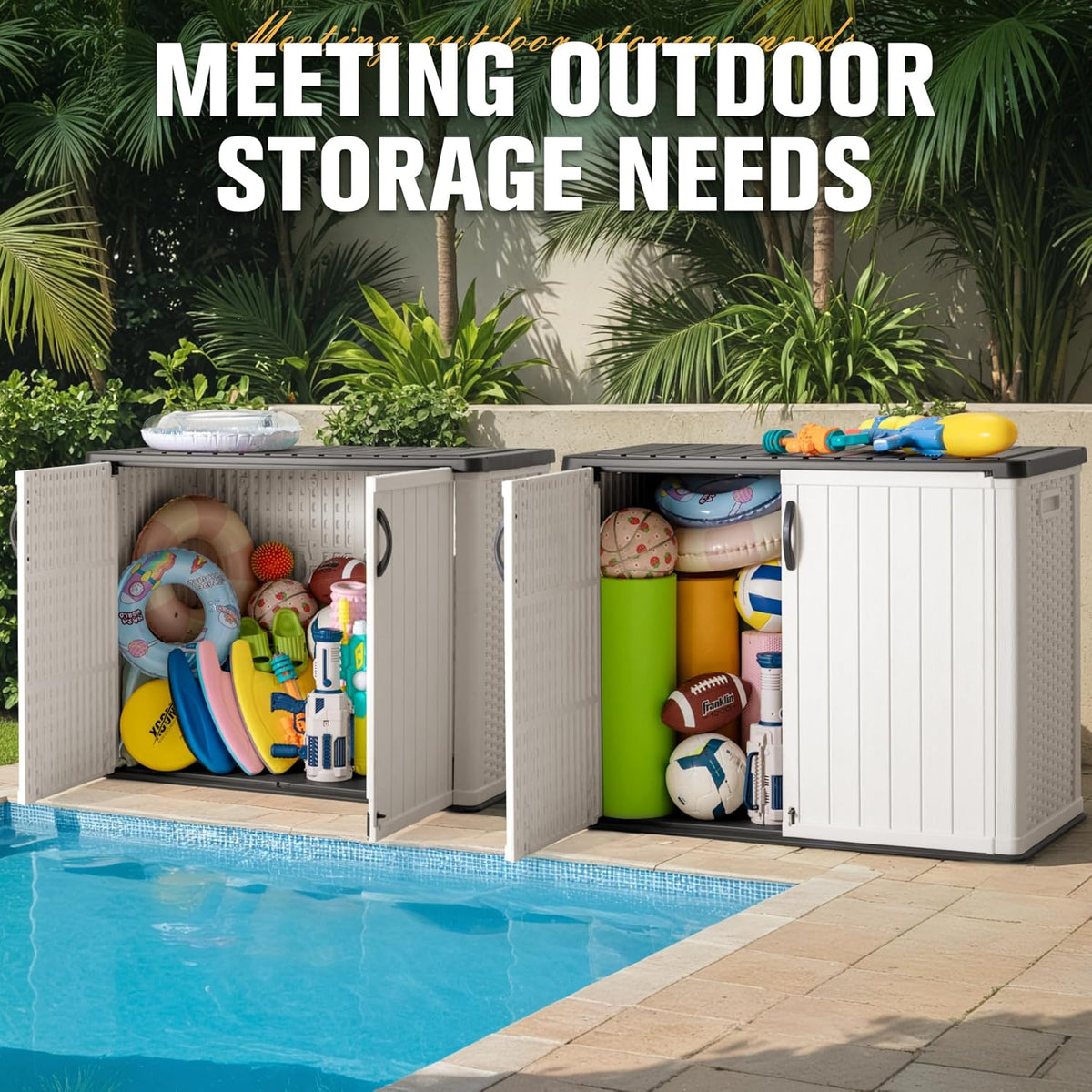 Greesum Outdoor Horizontal Storage Sheds 27 Cu.ft Resin Large Storaged Box Weather Resistance, Without Shelf, Easy to Assemble, Prefect for Garden, Patios, Backyards, White