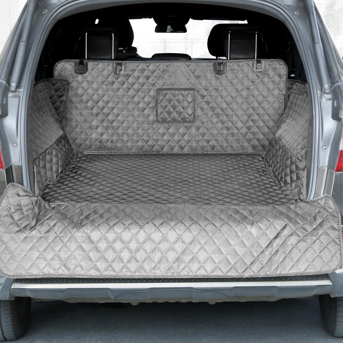 PETICON SUV Cargo Liner for Dogs, Waterproof Pet Cargo Cover Dog Seat Mat for SUVs Sedans Vans with Bumper Flap Protector, Non-Slip, Large Size Universal Fit, Gray