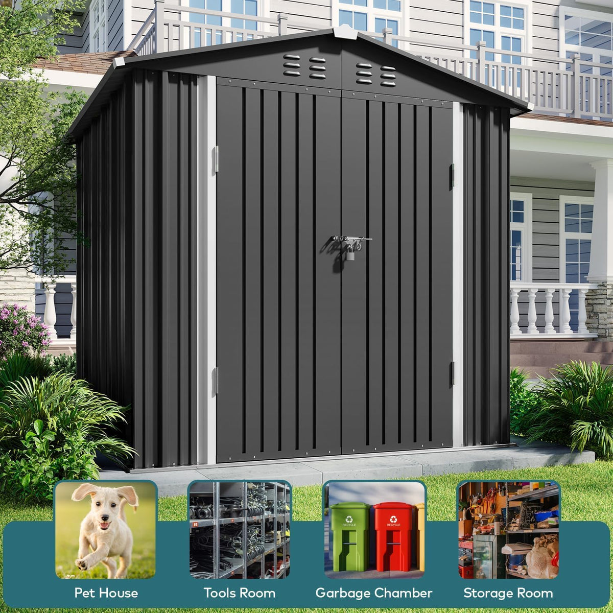 Gizoon Outdoor Storage Shed 6 x 4 FT, Galvanized Metal Garden Shed with Double Lockable Doors, Outdoor Storage Clearance for Backyard Patio Lawn-Dark Grey