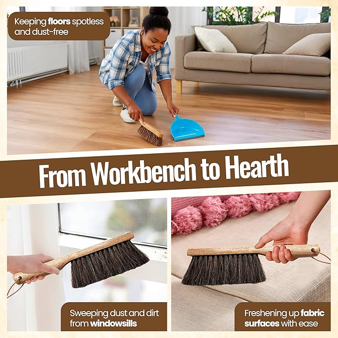 Dustpan Bench Woodworking Brush-USA 13 inch Horsehair Brushes are Used for Counter, Furniture, Drafting, Patio, Fireplace Cleaning, Shop Brush, Leather Tie, Woodworking Tool & Accessories