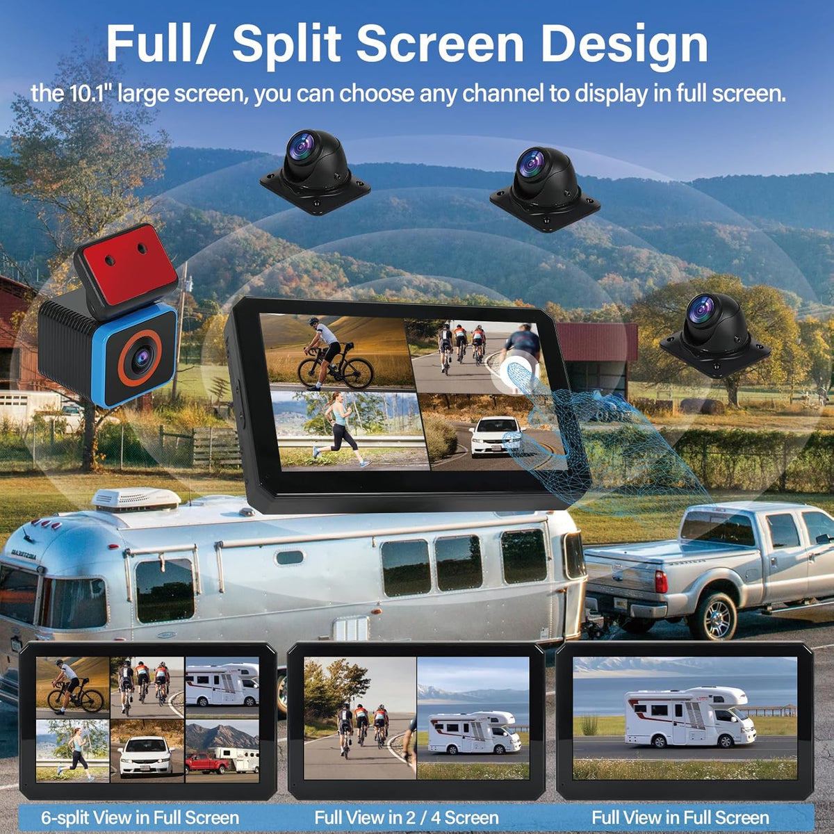 6CH RV Camera System 4G WiFi Live View GPS Tracking 10.1" AI Touch Screen Monitor with 4 Pieces 1080P Waterproof Night Vision Front Side Backup Camera Sentry Mode Blind Spot Pedestrian Detection
