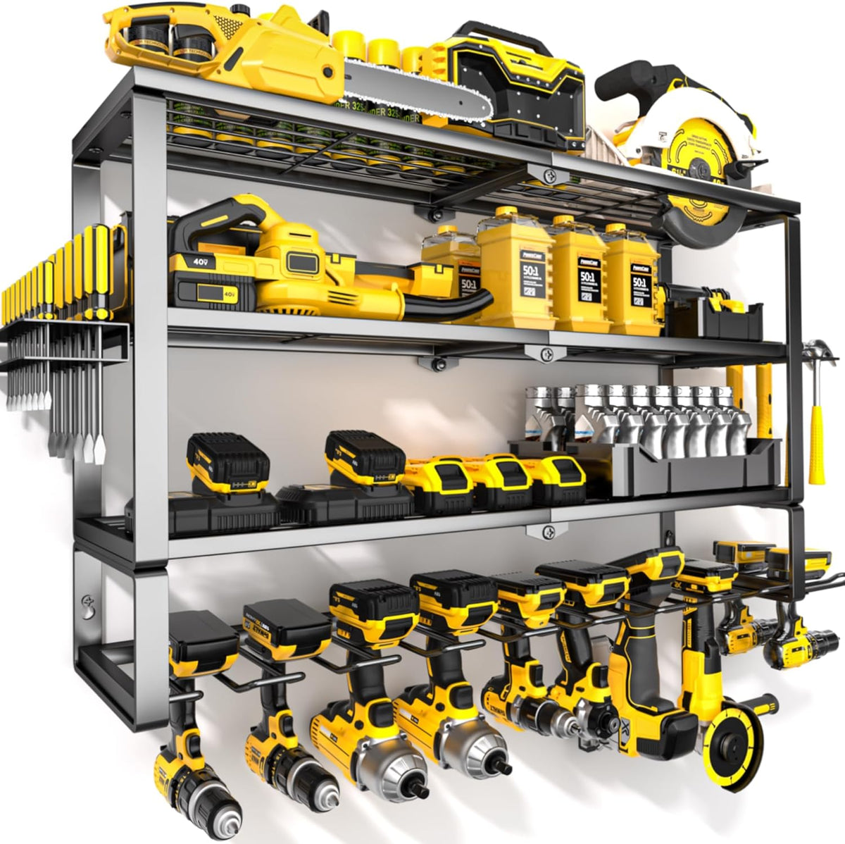 YYR Large Power Tool Organizer Wall Mount, Heavy Duty Metal Cordless Drill Storage Rack with Battery Charging Station Shelf, Utility Racks for Garage Organization, 4 Layer 10 Drills Holder Extra Tall