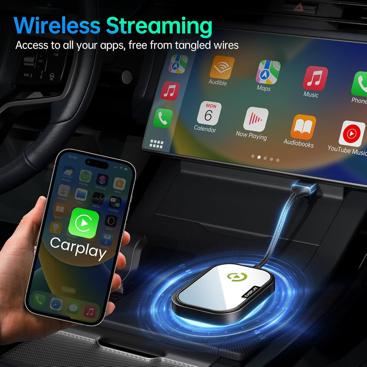 Wireless CarPlay Adapter for Apple iPhone, Converts Factory Wired CarPlay to Wireless CarPlay 2024 Upgrade Plug & Play Auto Connect for Cars from 2015 & iPhone iOS 10+ Black Not for Tesla & Andorid
