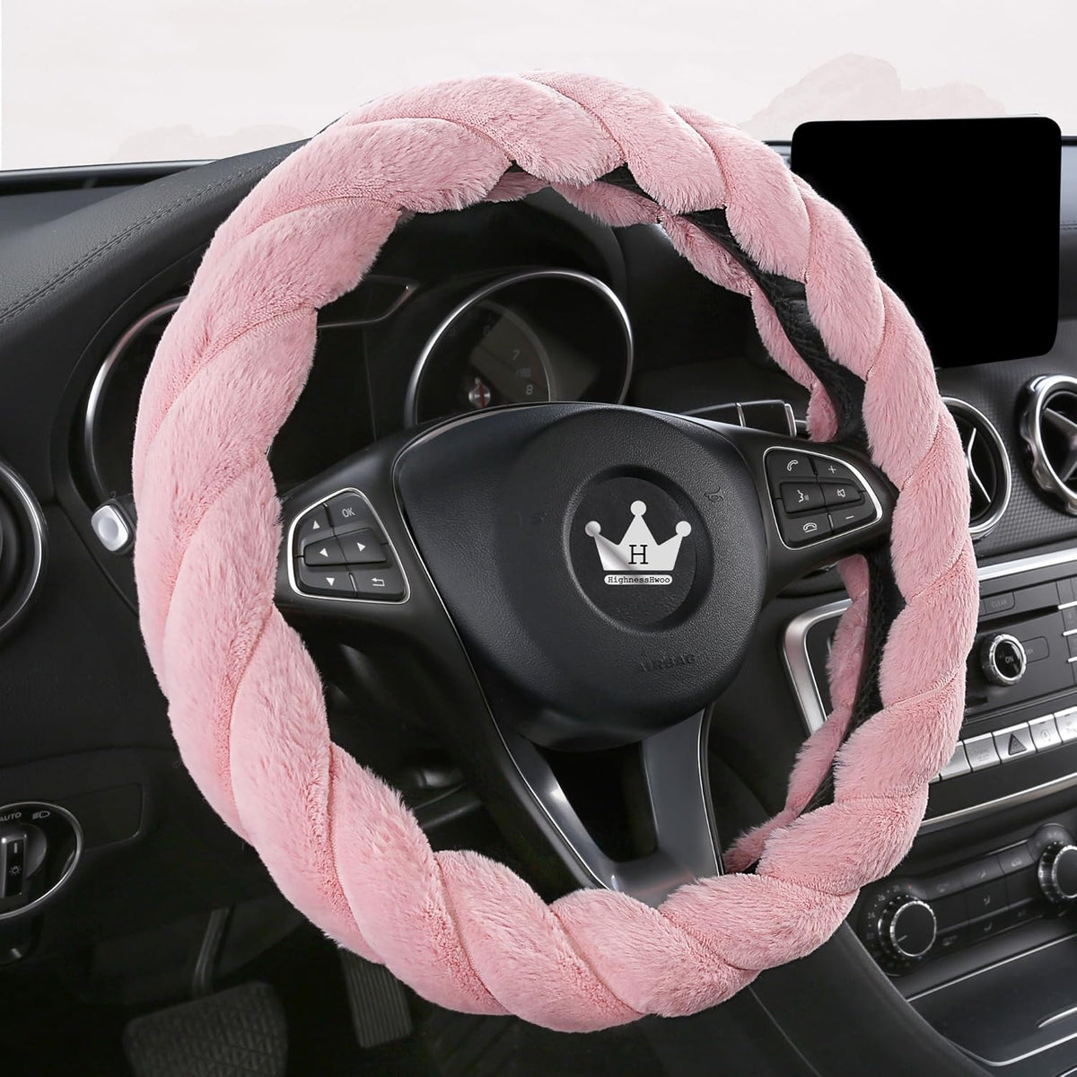 Luxury Fluffy Winter Car Steering Wheel Cover for Women Soft Warm Handle Cover for Jeep Truck Van F150 Universal Fuzzy Anti Slip, Pink