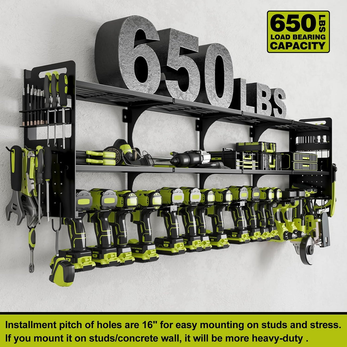 64" Power Tool Organizer Wall Mount, 16 Slots, 3-Tier Drill & Cordless Tool Storage Holder with Pegboard Sides, Tool Wall Organizer for Garage & Workshop Black