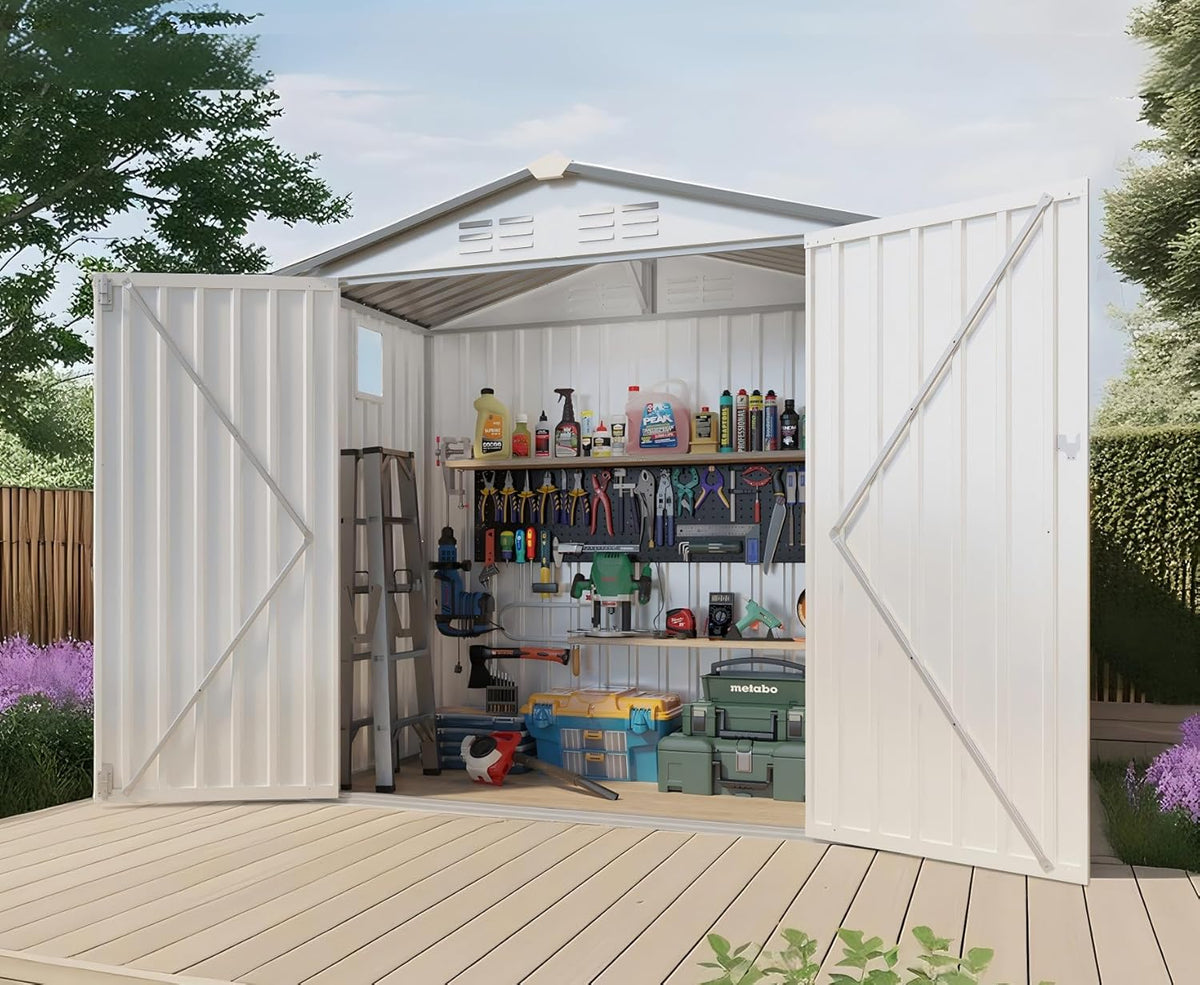 6X3.5 FT Outdoor Storage Shed with Window, Metal Garden Sheds w/Lockable Door and Vents, Waterproof Steel Tool House for Backyard, Patio, Lawn, Sundries & Utility Storage, White