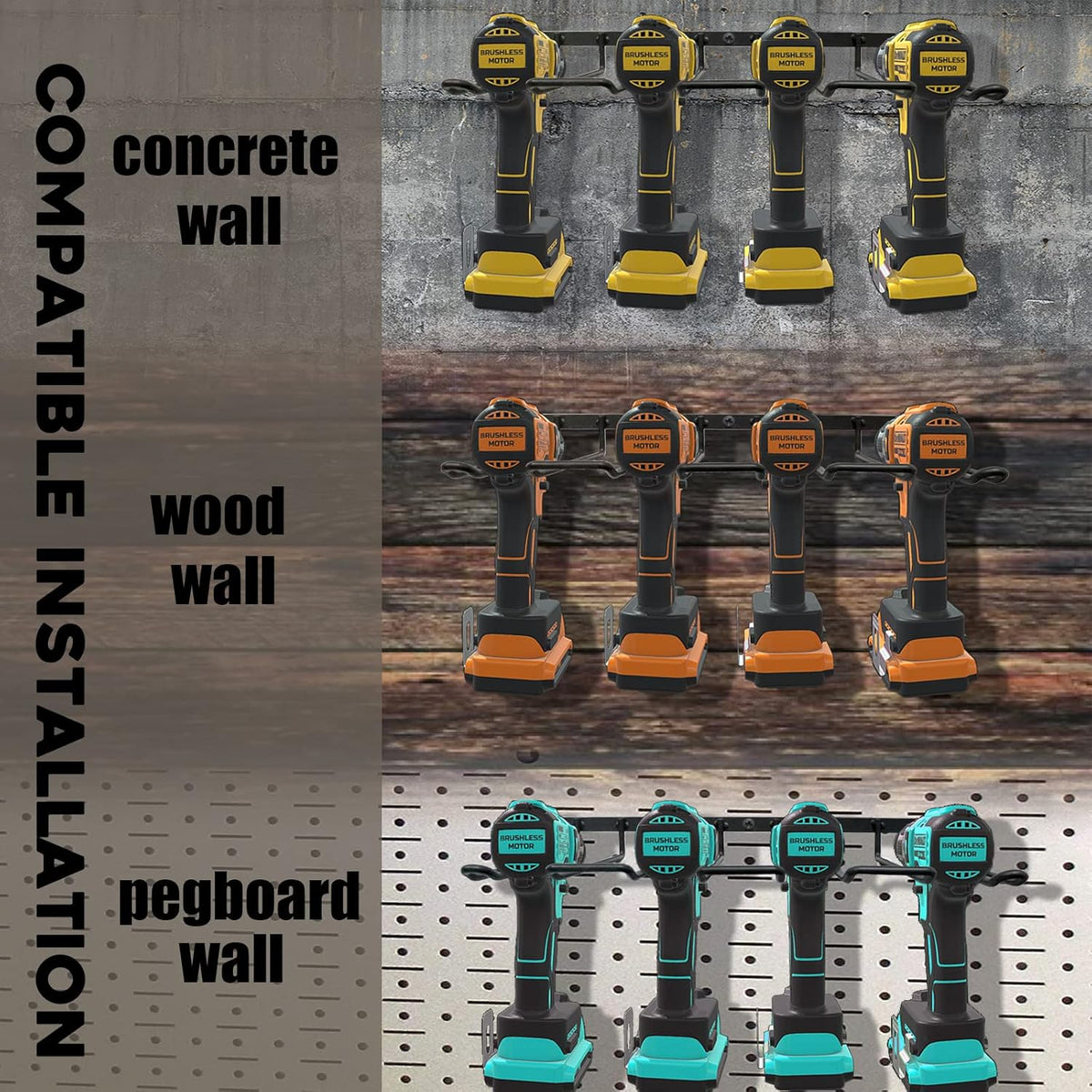 2 Pack Drill Holder, Power Tool Organizer Wall Mount, 80lb Heavy Duty Bearing Capacity Garage Storage, 4 Cordless Metal Shelf, Utility Storage Rack for Dewalt Cordless Tools Father Day Gifts